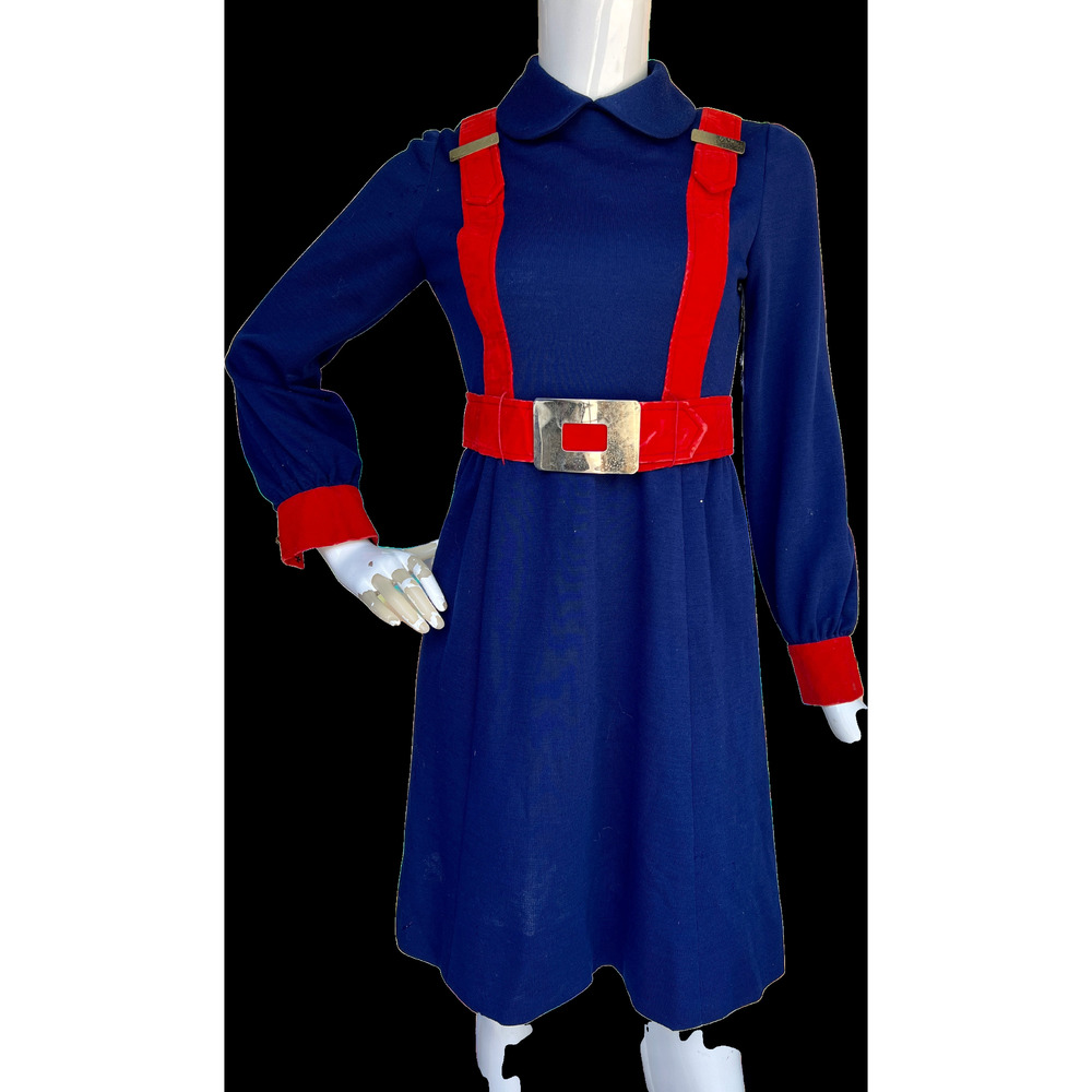 70s Blue and Red Faux Jumper Strap Buckled Dress